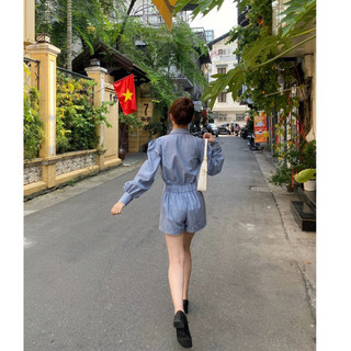 jumpsuit sơ mi, kẻ sọc, tay bồng