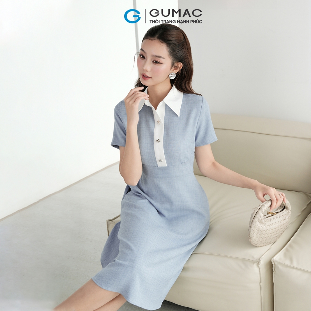 Đầm nữ form A GUMAC cổ sơ mi phối trắng tay ngắn phía trước phối vải trắng DF09001