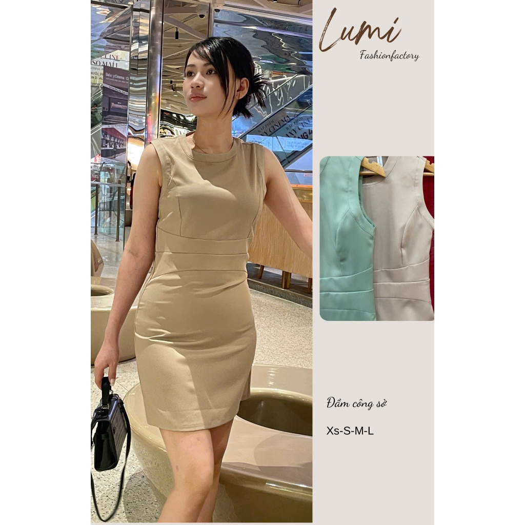 [LUMI] Đầm thời trang nữ cổ tròn sát nách, dáng chiết eo tôn dáng phù hợp mặc đi làm, đi chơi