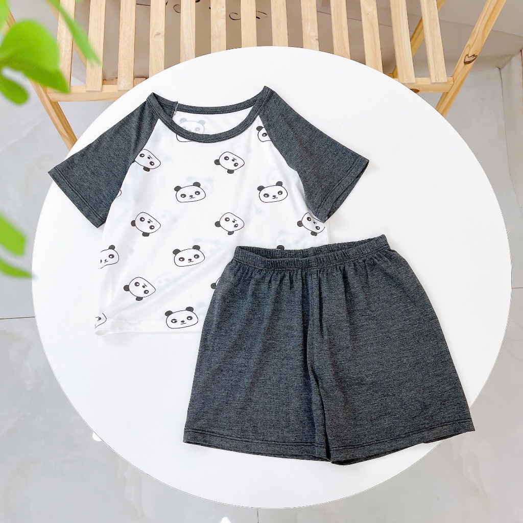 Bộ đùi bé trai sợi sồi Modal Lá Homewear A324, đồ bộ bé trai cộc tay raglan phối hình xe gấu trúc