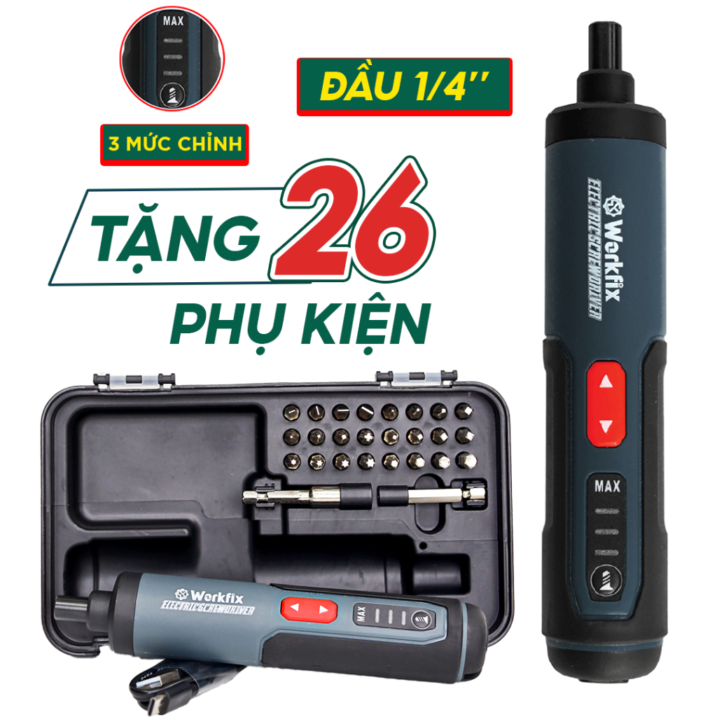 Máy Vặn Ốc Vít Điện Workfix WF-SD0405 | 4.0V, 350rpm, Đầu Vít 6.35mm, Tặng Hộp Phụ Kiện
