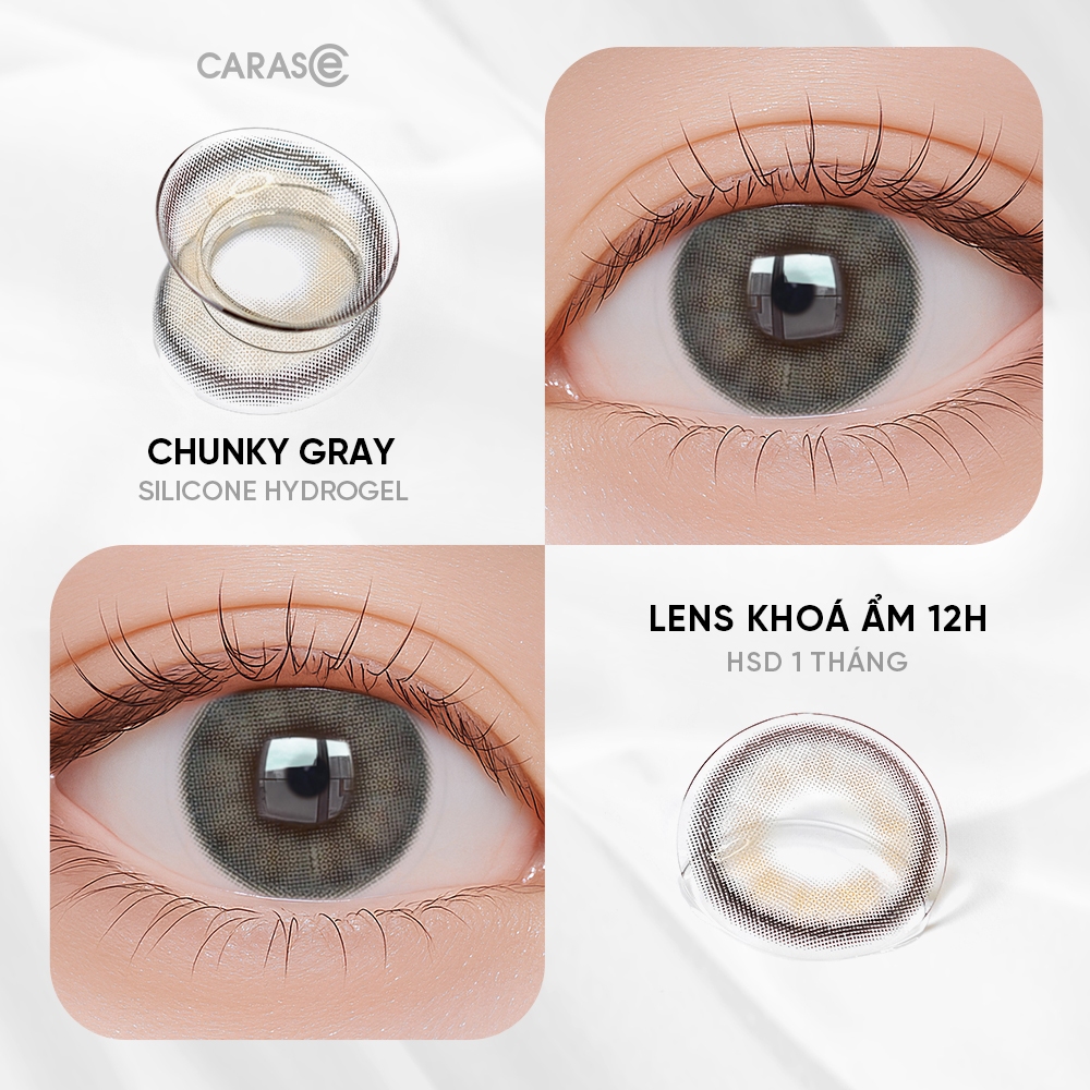[1 chiếc] Kính áp tròng khoá ẩm 12H 1 Tháng Màu Xám Rêu CARASE, Lens cận CHUNKY GRAY