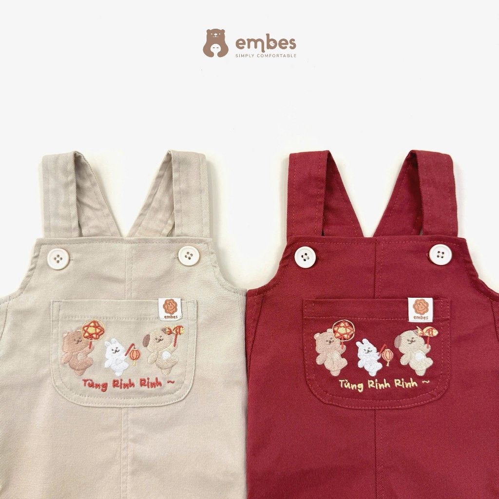 Yếm Kaki Cộc Embes, Yếm Cộc Họa Tiết Hình Thêu Chất Kaki Mềm Mại Cho Bé Trai Bé Gái Size Từ 8-18Kg