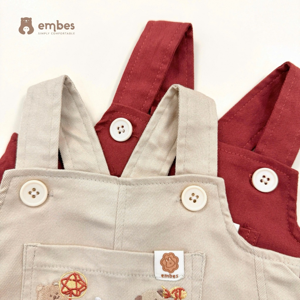 Yếm Kaki Cộc Embes, Yếm Cộc Họa Tiết Hình Thêu Chất Kaki Mềm Mại Cho Bé Trai Bé Gái Size Từ 8-18Kg