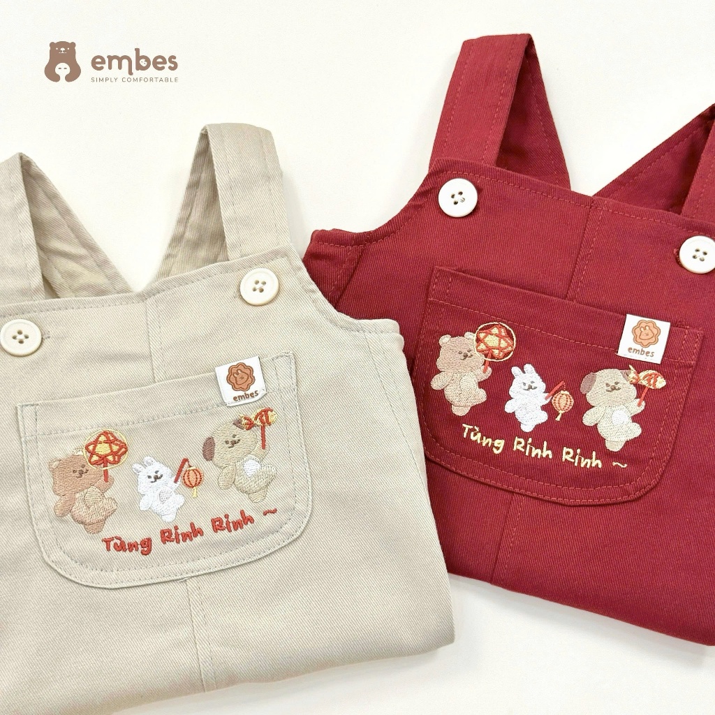 Yếm Kaki Cộc Embes, Yếm Cộc Họa Tiết Hình Thêu Chất Kaki Mềm Mại Cho Bé Trai Bé Gái Size Từ 8-18Kg