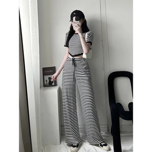 Bộ cotton kẻ Cati áo phối viền đen + quần cullottes A1374