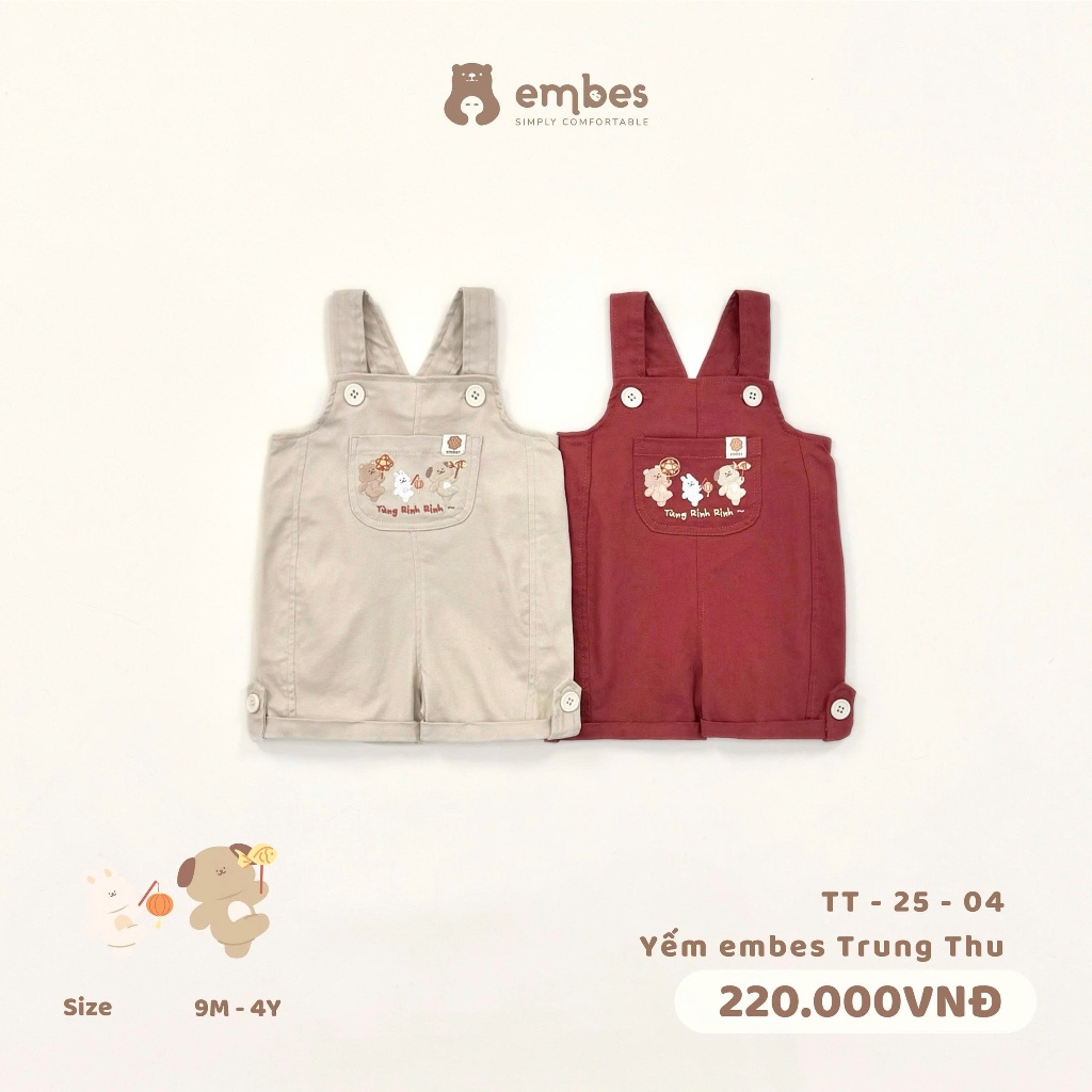 Yếm Kaki Cộc Embes, Yếm Cộc Họa Tiết Hình Thêu Chất Kaki Mềm Mại Cho Bé Trai Bé Gái Size Từ 8-18Kg