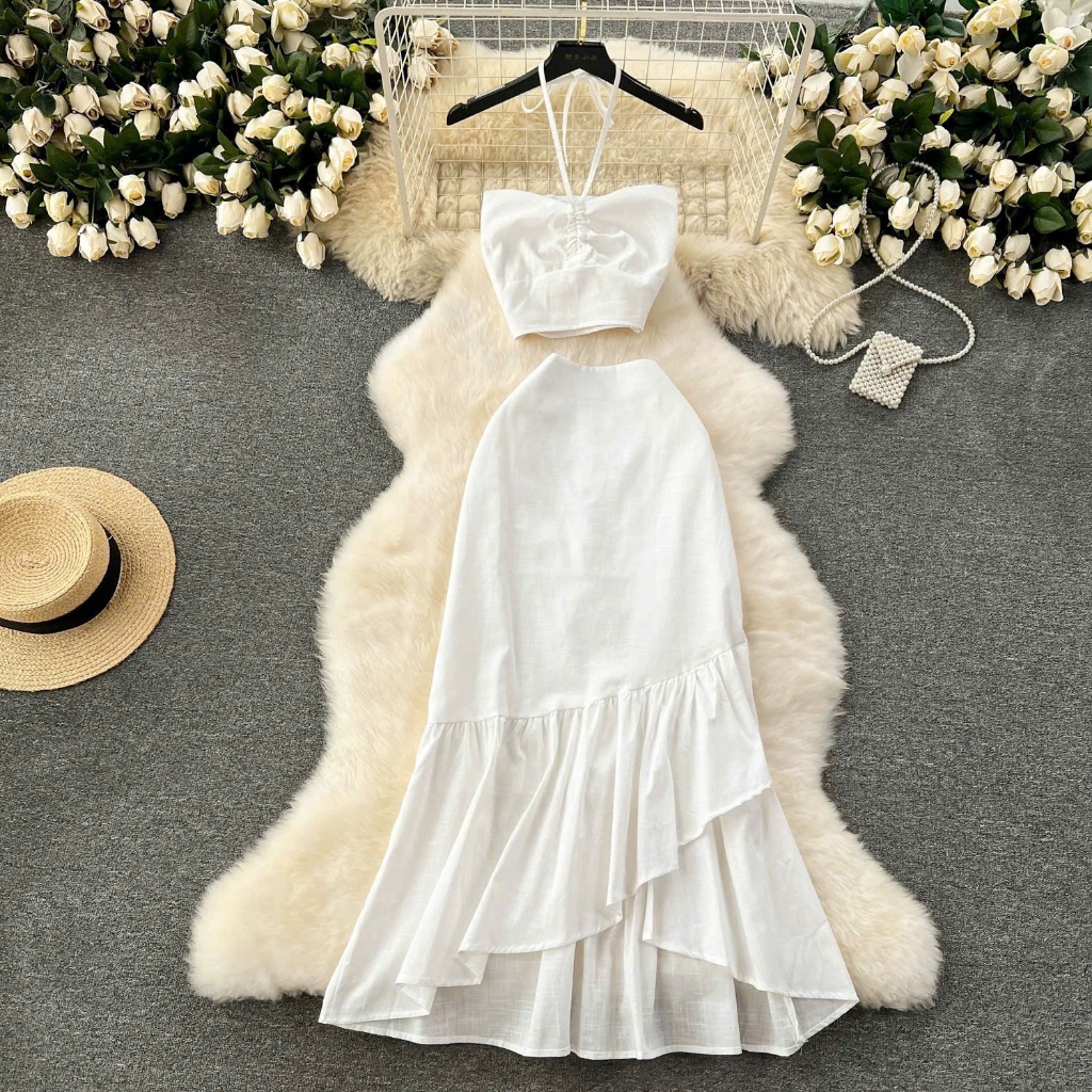 Set maxi bé gái 2 Dây Áo Croptop Rút Ngực Phối Chân Váy Xòe Tầng Năng Động, Đồ Đi Biển, Dạo Phố Mùa Hè Siêu Xinh