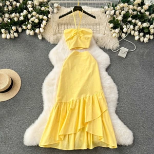 Set maxi bé gái 2 Dây Áo Croptop Rút Ngực Phối Chân Váy Xòe Tầng Năng Động, Đồ Đi Biển, Dạo Phố Mùa Hè Siêu Xinh