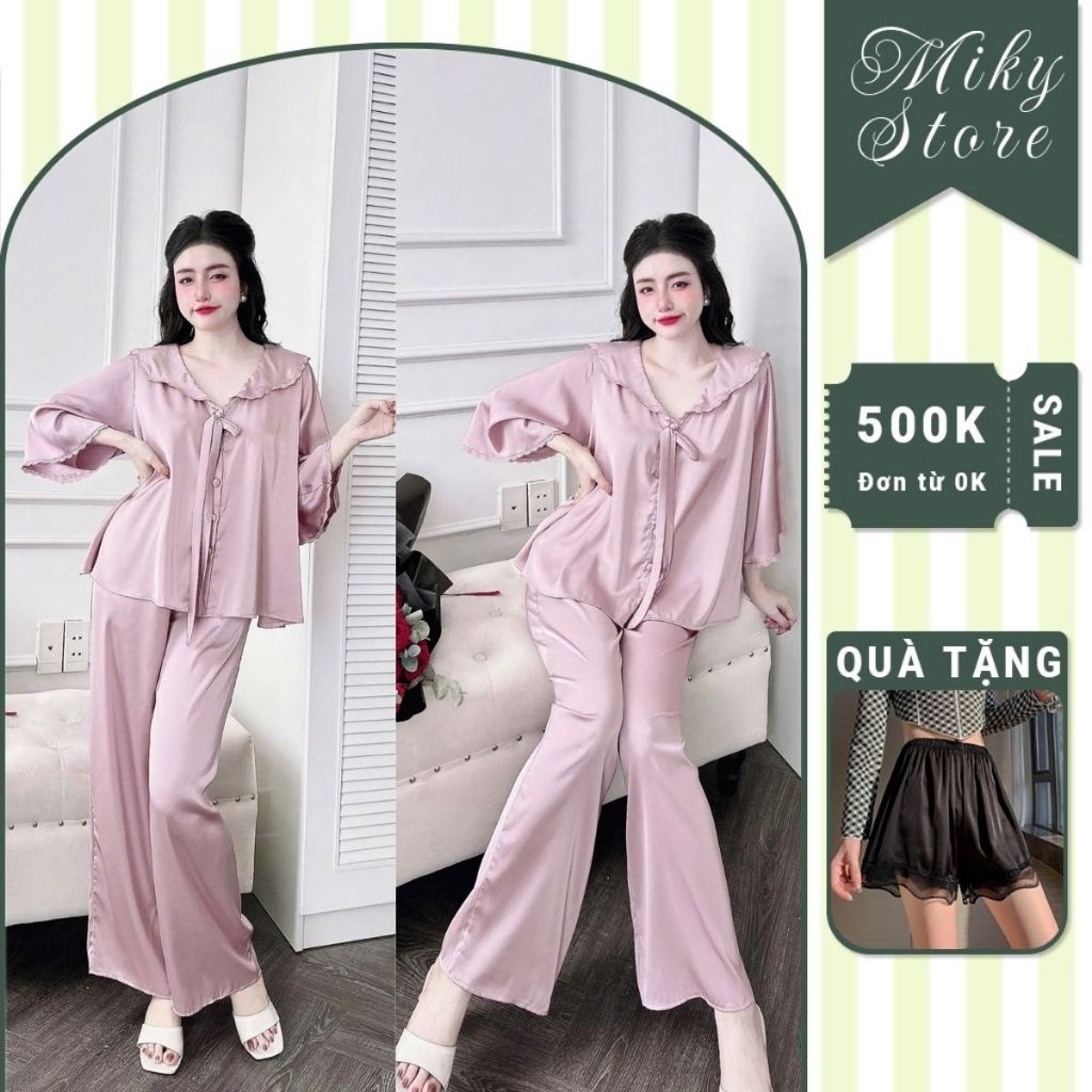 Đồ Ngủ Nữ Bigsize, Đồ Ngủ Pijama lụa Latin Tay Loe Dài cao cấp mềm mại dễ thương < 70KG