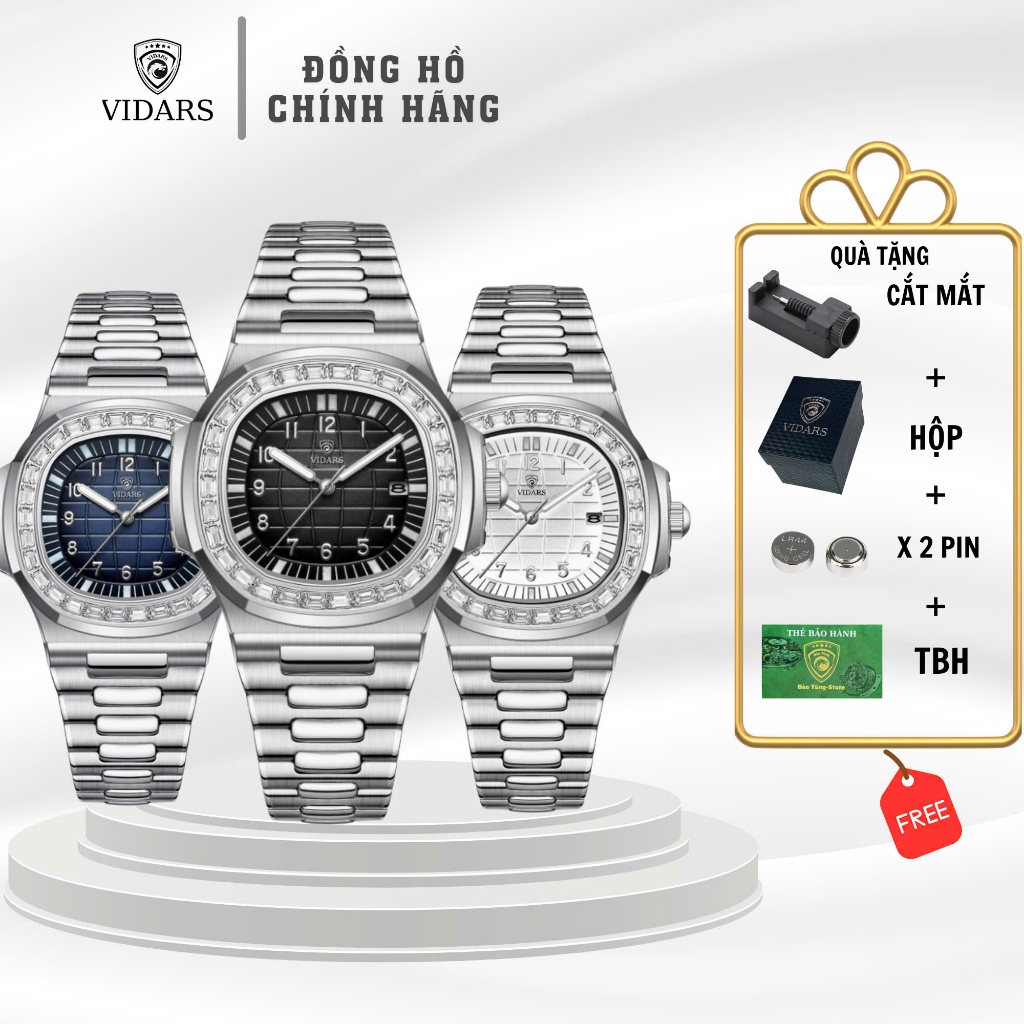 Đồng Hồ Nam VIDARS Tàu Ngầm Viền Đá Dây Thép Có Lịch Ngày Mặt Vuông Tròn Chống Nước 3ATM Size 40mm