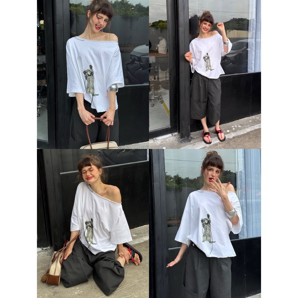 Cheeky Meow Top - Remmus | Áo trễ vai form oversize in mèo đính kèm kèm nơ