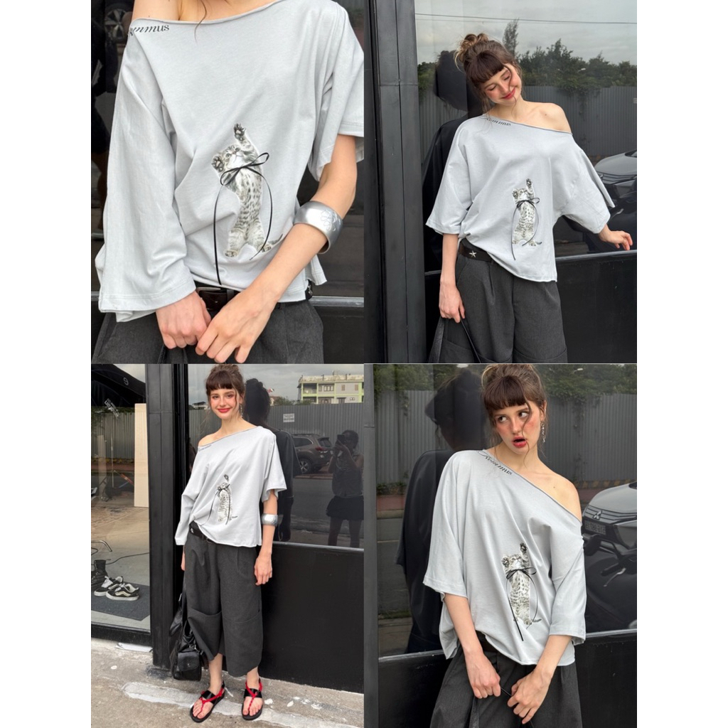 Cheeky Meow Top - Remmus | Áo trễ vai form oversize in mèo đính kèm kèm nơ