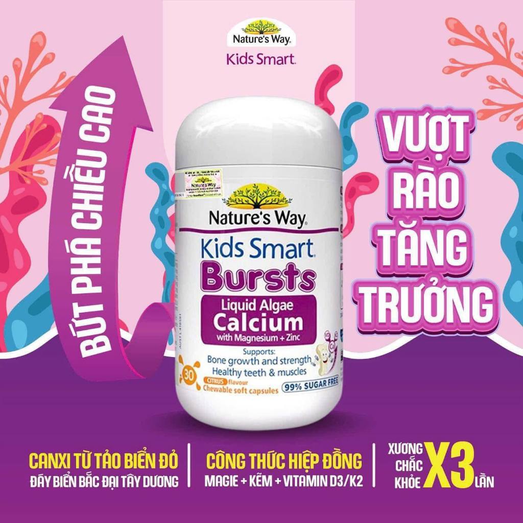 Canxi Tổ Ong Tảo Biển Đỏ Nature's Way Kids Smart Bursts Liquid Giúp Xương Răng Chắc Khỏe Cho Trẻ Từ 6 Tháng Tuổi 30 Viên