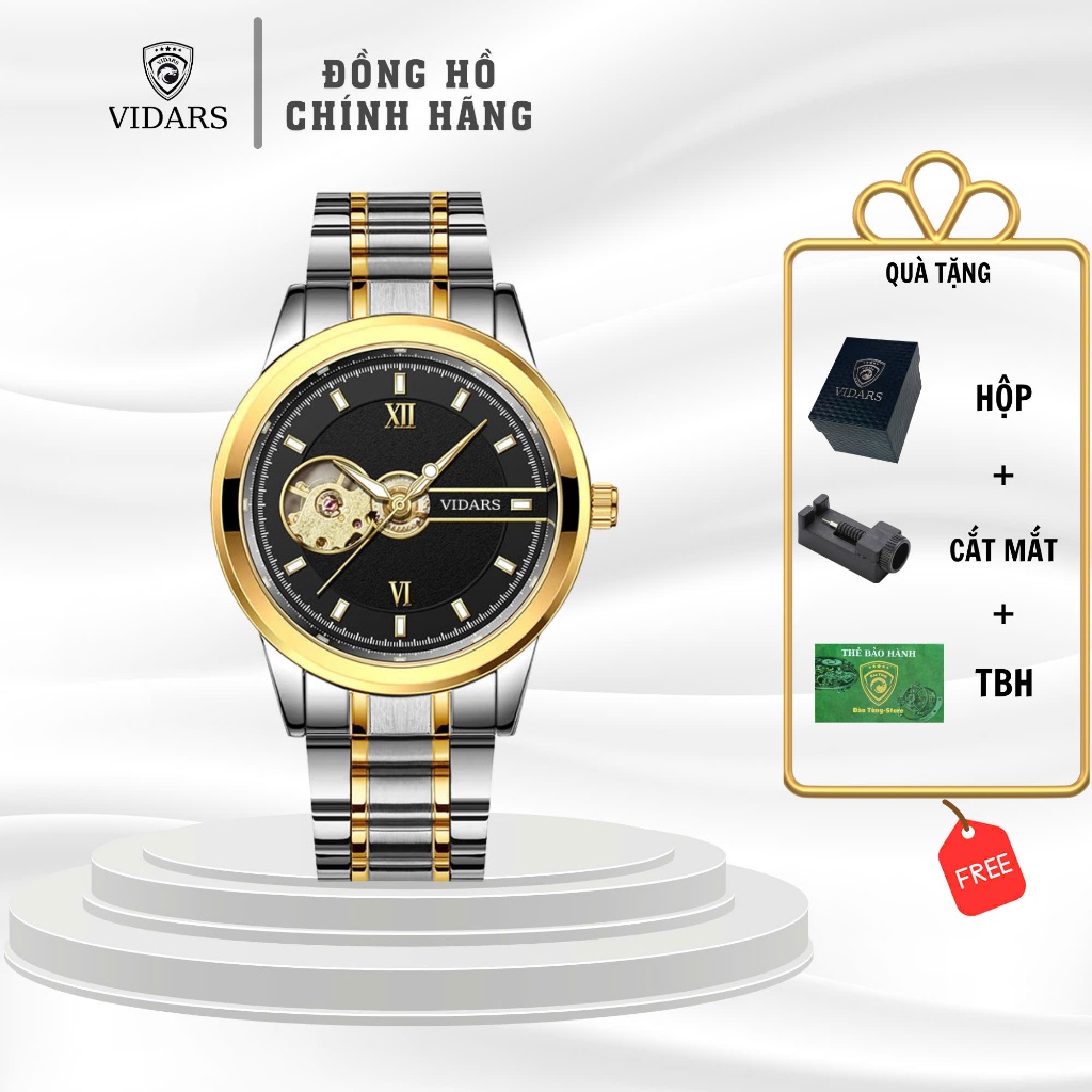 Đồng Hồ Cơ Nam VIDARS Dây Thép Mặt Tròn Lộ Cơ Vòng Kết Nối Cọc Số La Mã Chống Nước 3ATM Chính Hãng
