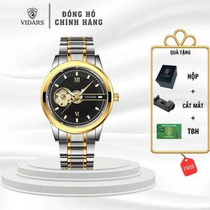 Đồng Hồ Cơ Nam VIDARS Dây Thép Mặt Tròn Lộ Cơ Vòng Kết Nối Cọc Số La Mã Chống Nước 3ATM Chính Hãng