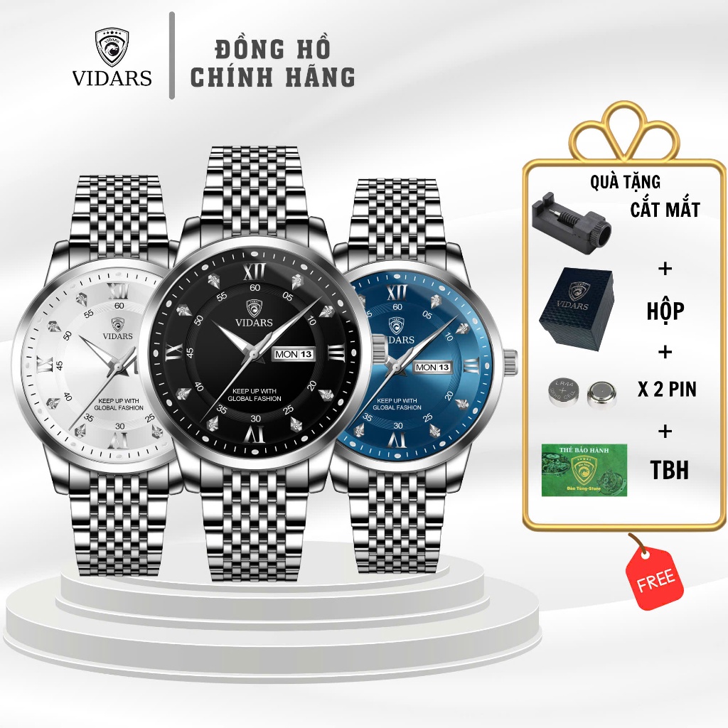 Đồng Hồ Nam VIDARS Đơn Giản Mặt Trơn Viền Bạc Mặt Tròn Dây Thép Có Bộ Lịch Thứ Ngày Chống Nước 3ATM