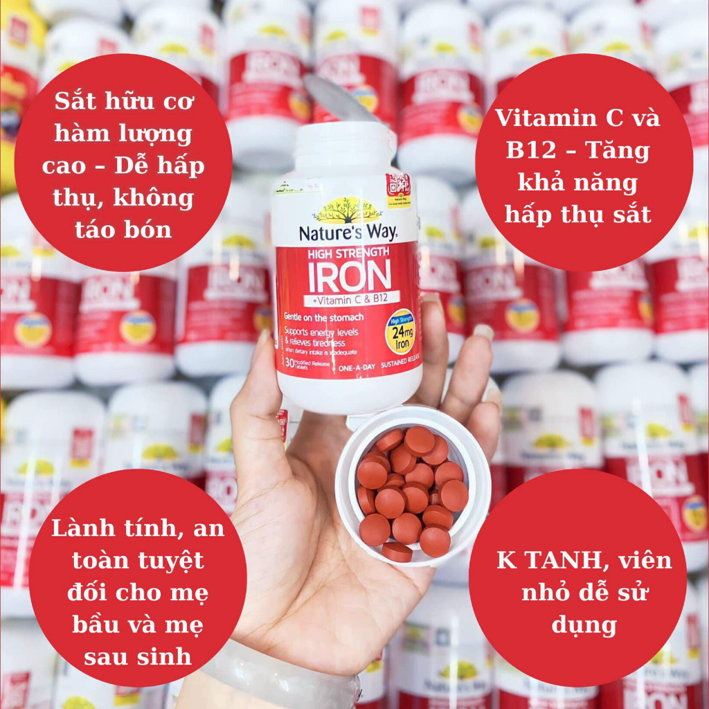 Viên Uống Sắt Hữu Cơ, Sắt Bầu Nature’s Way High Strength Iron Cung Cấp Vitamin C Và B12 Hỗ Trợ Chuyển Hoá Năng Lượng