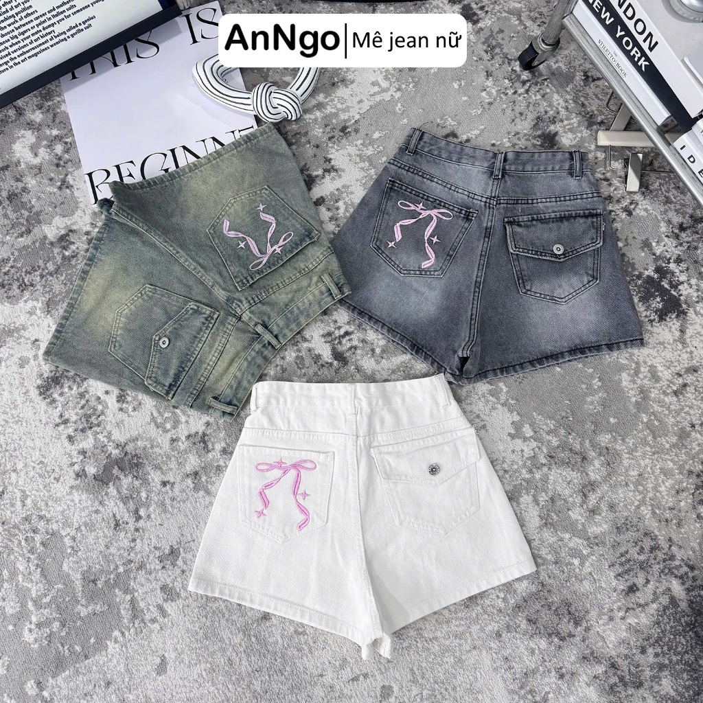 Quần short jean nữ lưng cao chất denim không giãn thêu nơ dễ thương Anngo - AT547