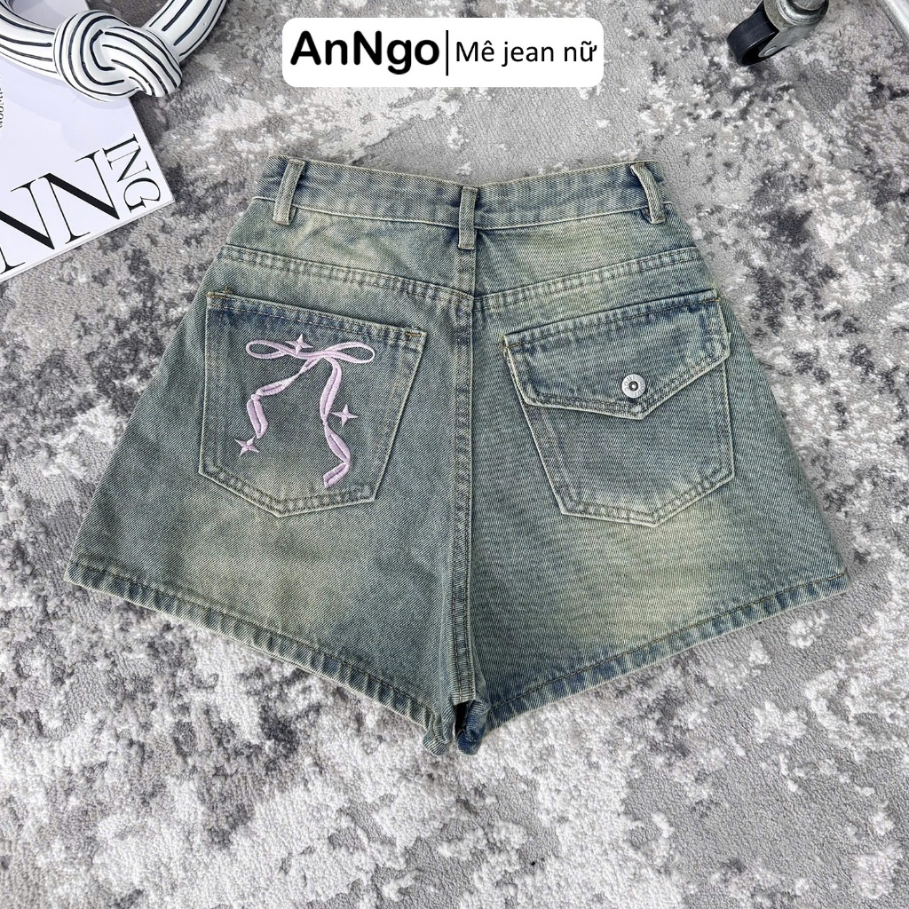 Quần short jean nữ lưng cao chất denim không giãn thêu nơ dễ thương Anngo - AT547