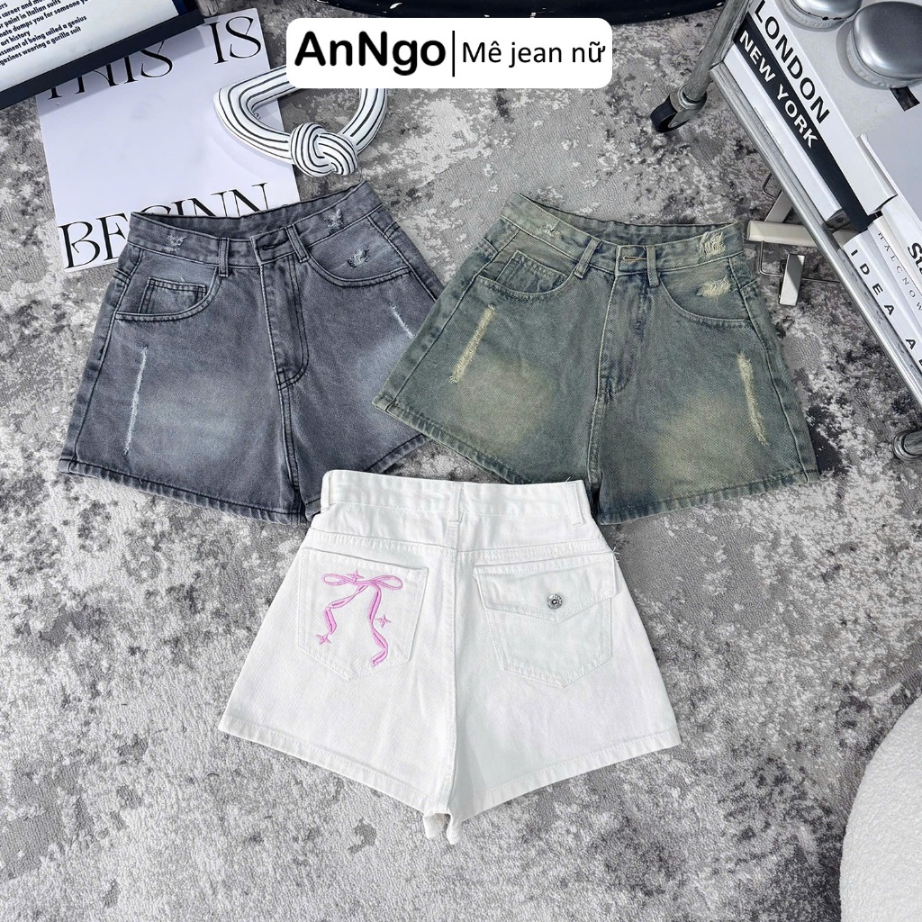 Quần short jean nữ lưng cao chất denim không giãn thêu nơ dễ thương Anngo - AT547