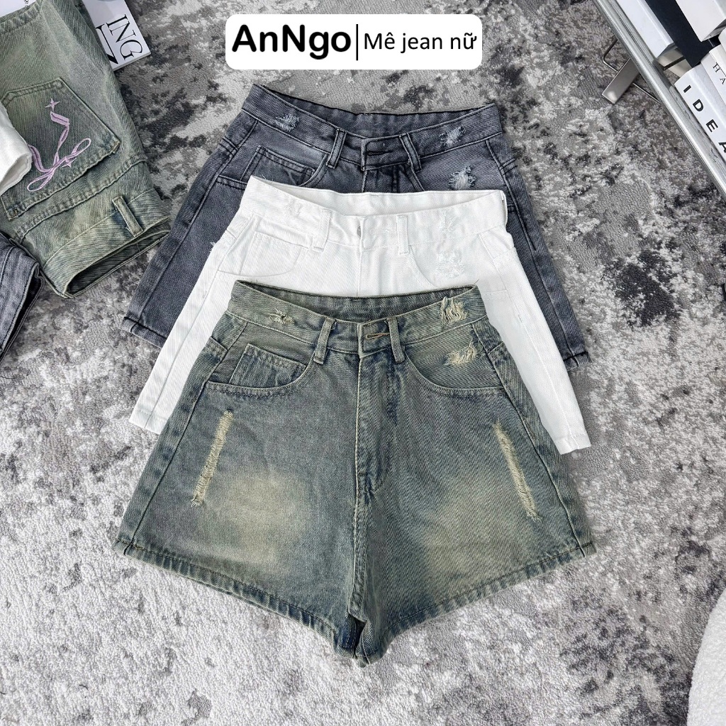 Quần short jean nữ lưng cao chất denim không giãn thêu nơ dễ thương Anngo - AT547