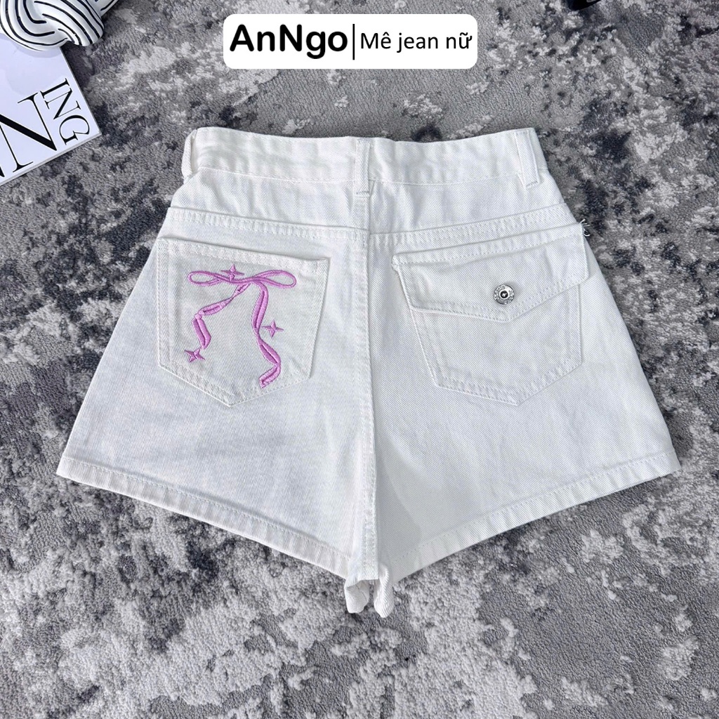Quần short jean nữ lưng cao chất denim không giãn thêu nơ dễ thương Anngo - AT547