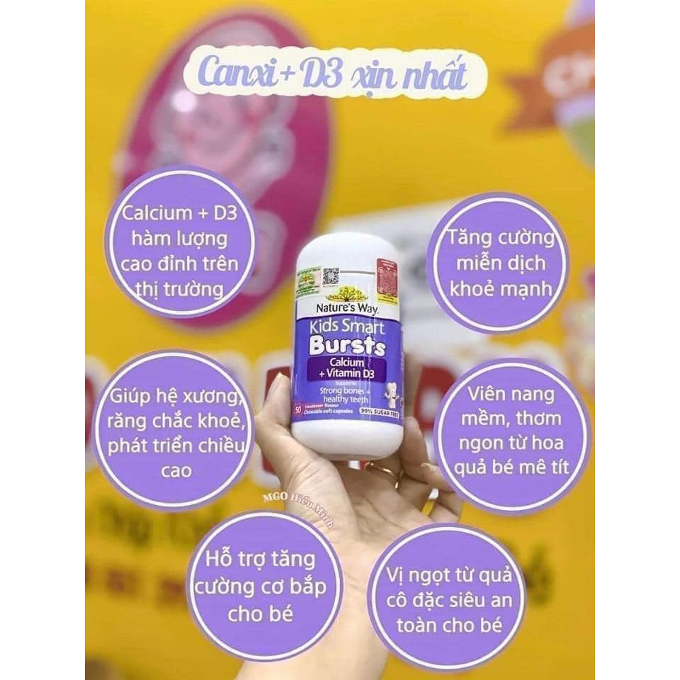 Viên Nhai Canxi Sữa Cho Bé Nature’s Way Kids Smart Calcium + Vitamin D3 Burstlets, Hỗ Trợ Xương Và Răng Chắc Khỏe 50v/h
