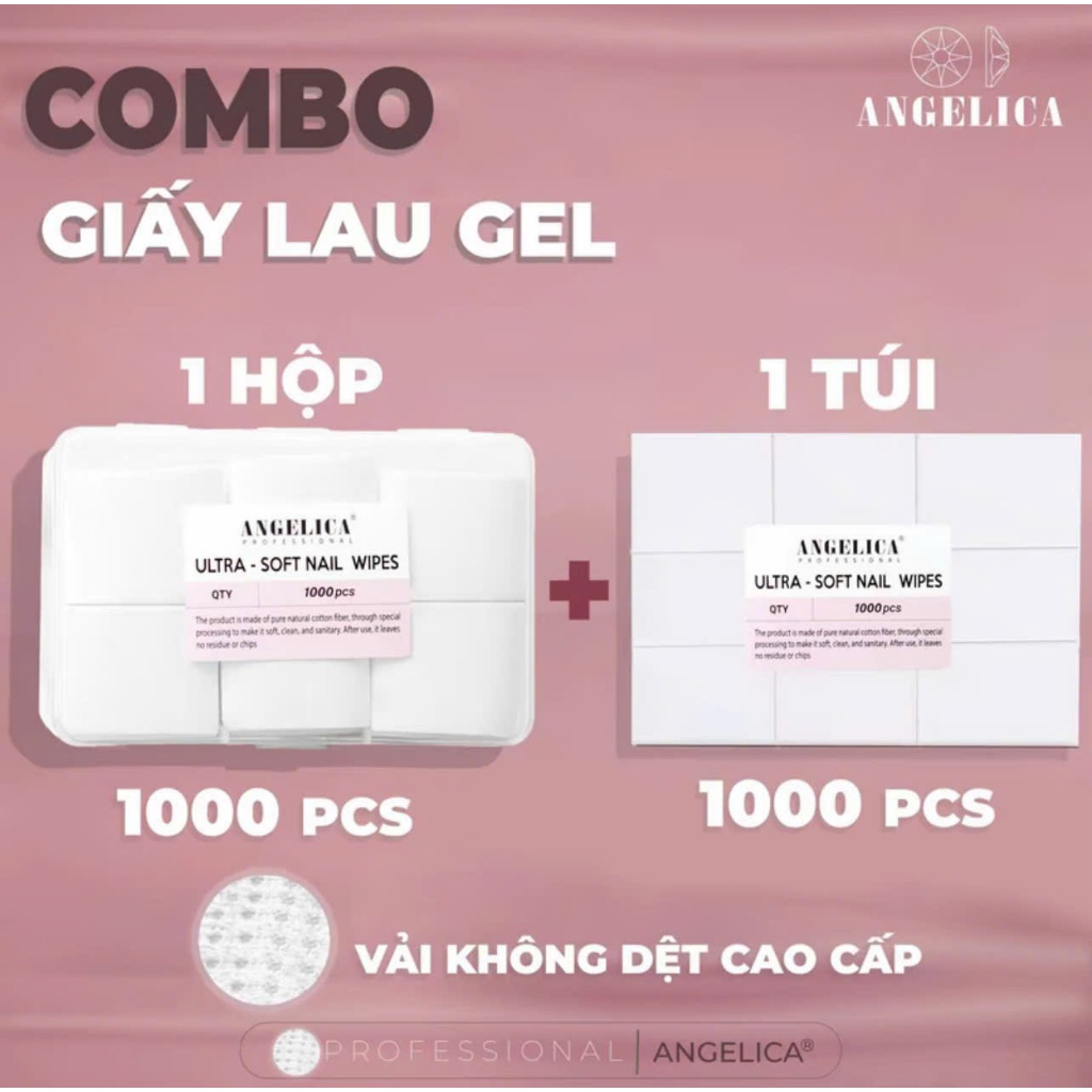 Giấy Lau Gel Siêu Mềm Chuyên Dụng ANGELICA ( 1000 PCS ) Kèm Hộp Đựng - Chất Liệu Vải Không Dệt Không Để Lại Sợi Khi Lau.