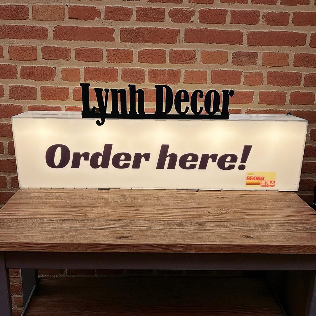 Hộp đèn mica OrderHere không viền led chữ đèn sáng 5 mặt,LYNHDECOR FREETHIẾT KẾ THEO YÊU CẦU