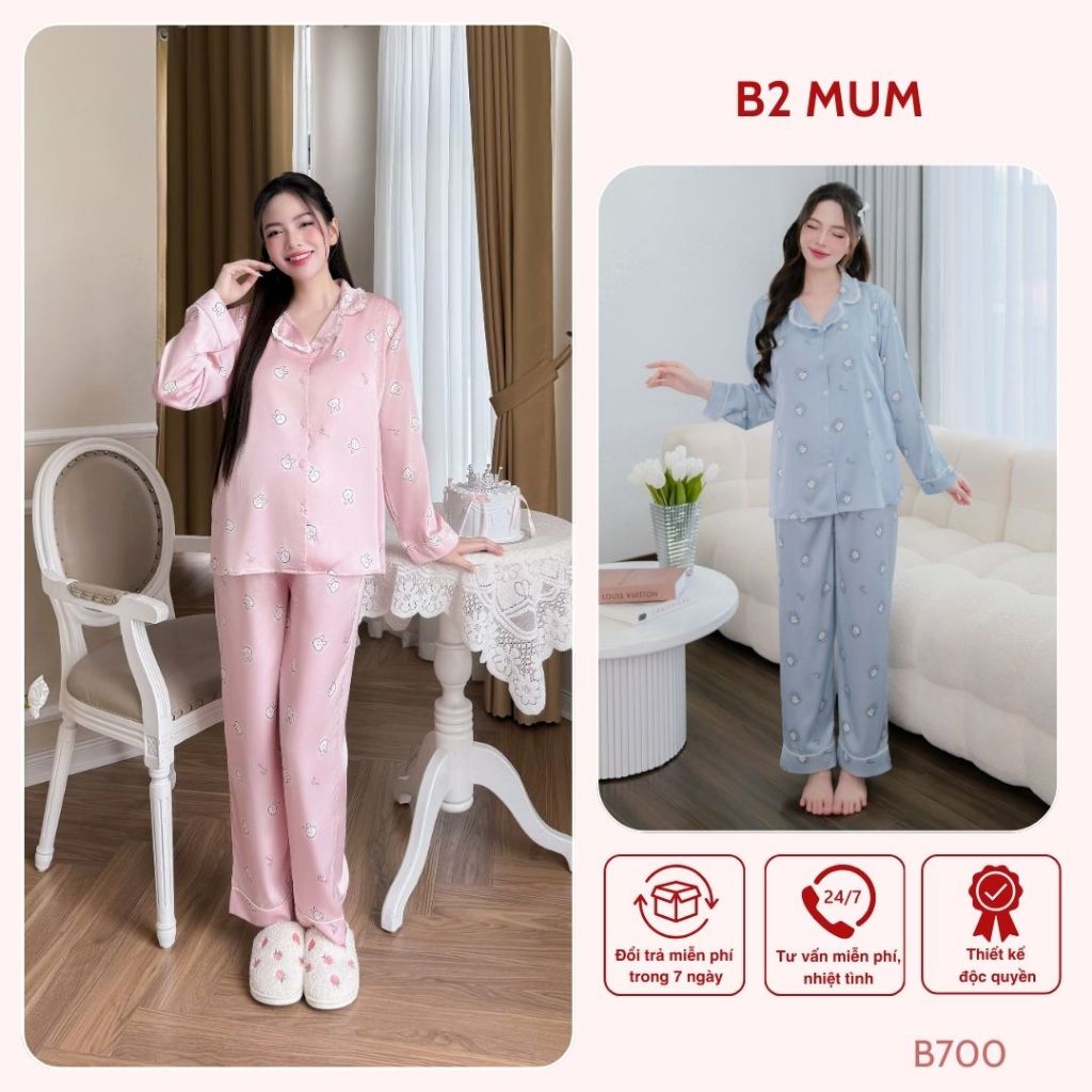 Bộ bầu mặc nhà và sau sinh chất lụa latin mềm mát áo có thiết kế vạch ngực bé ti quần có chun chỉnh bụng - B700 B2MUM