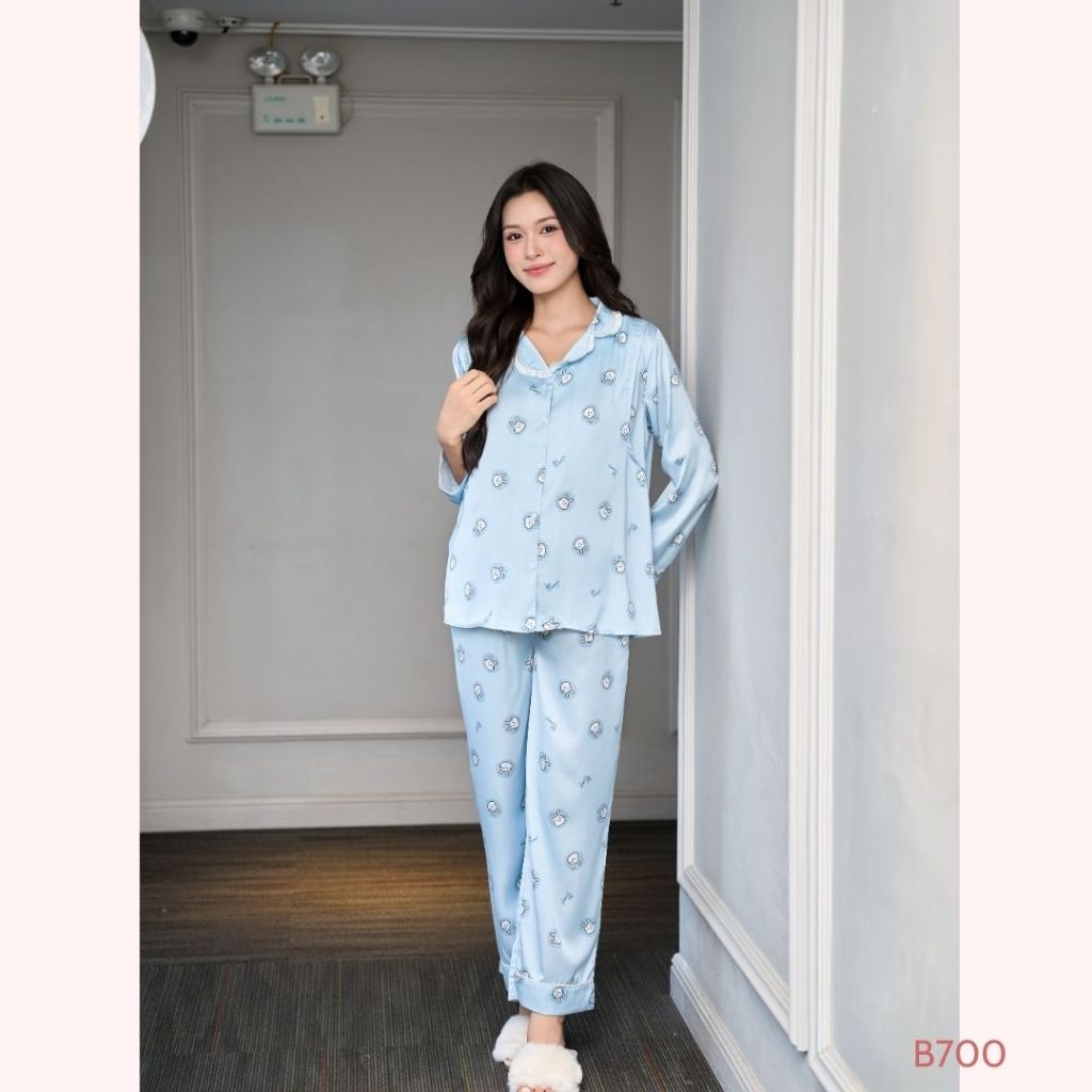 [MỚI VỀ] Bộ đồ pijama lụa dài, áo có vạch ti tiện lợi dành cho mẹ bầu và sau sinh - B700 B2MUM