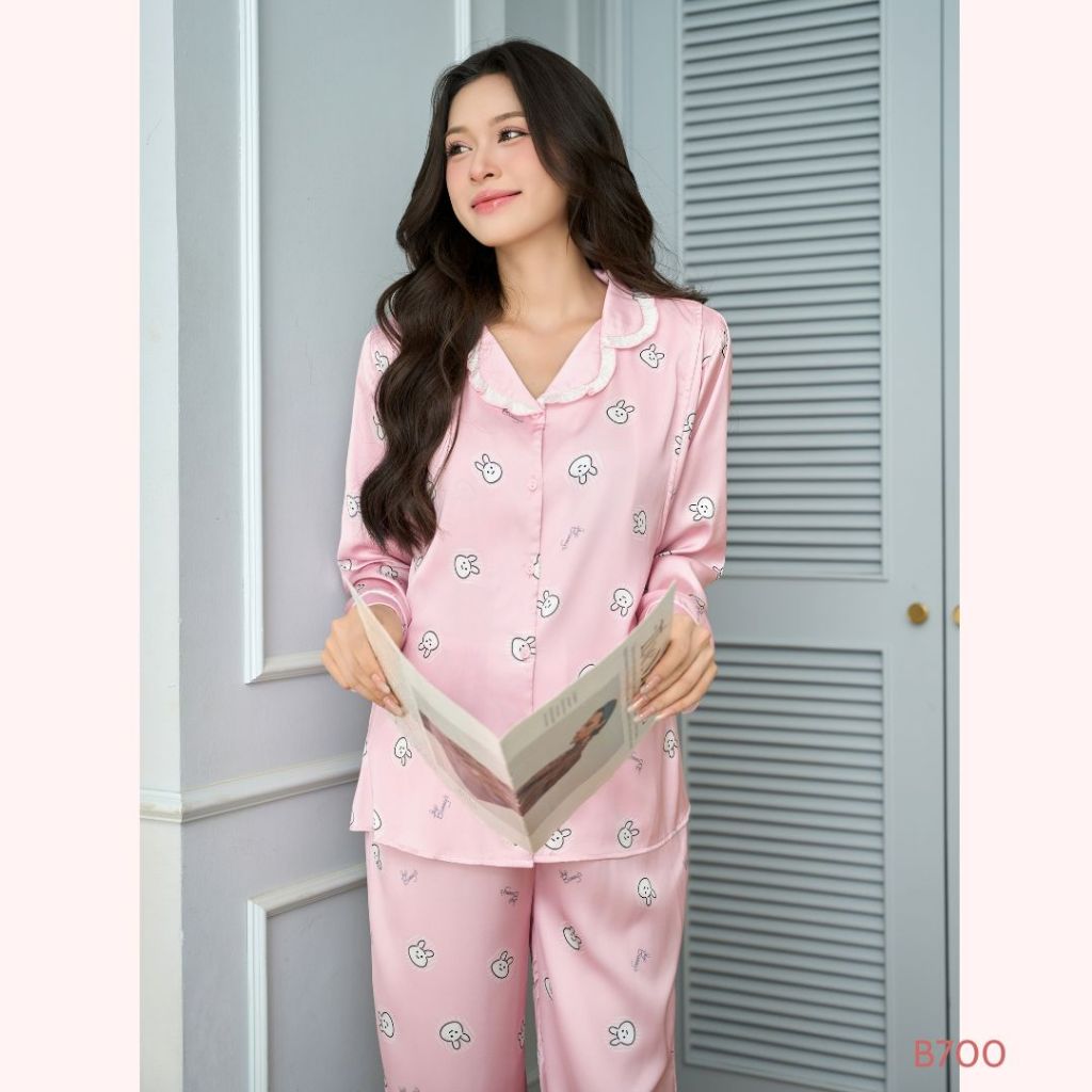 [MỚI VỀ] Bộ đồ pijama lụa dài, áo có vạch ti tiện lợi dành cho mẹ bầu và sau sinh - B700 B2MUM