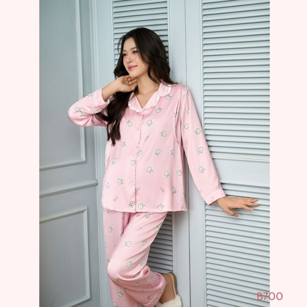 [MỚI VỀ] Bộ đồ pijama lụa dài, áo có vạch ti tiện lợi dành cho mẹ bầu và sau sinh - B700 B2MUM