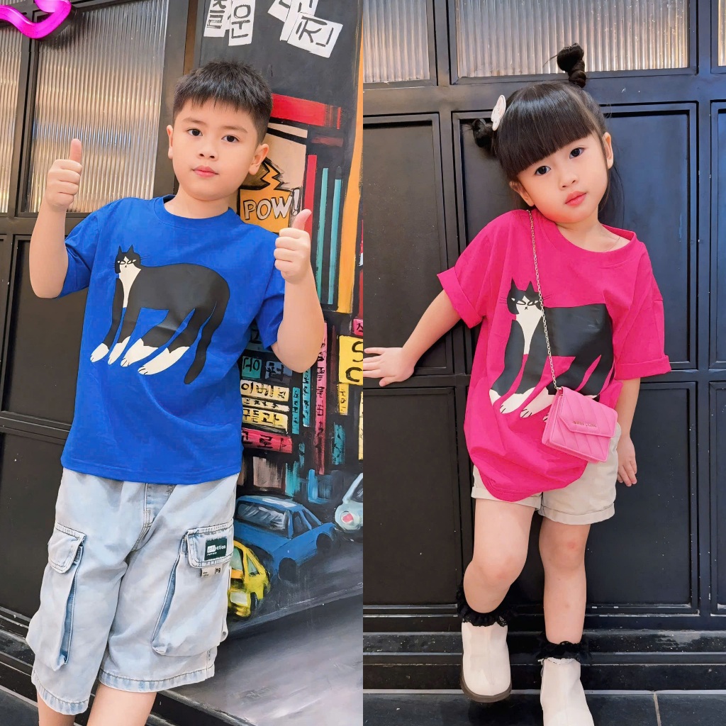 Áo Thun Trẻ Em Mirage Họa Tiết Mèo Đen 3D Hoạt Hình Dễ Thương Chất 100% Cotton Cao Cấp.