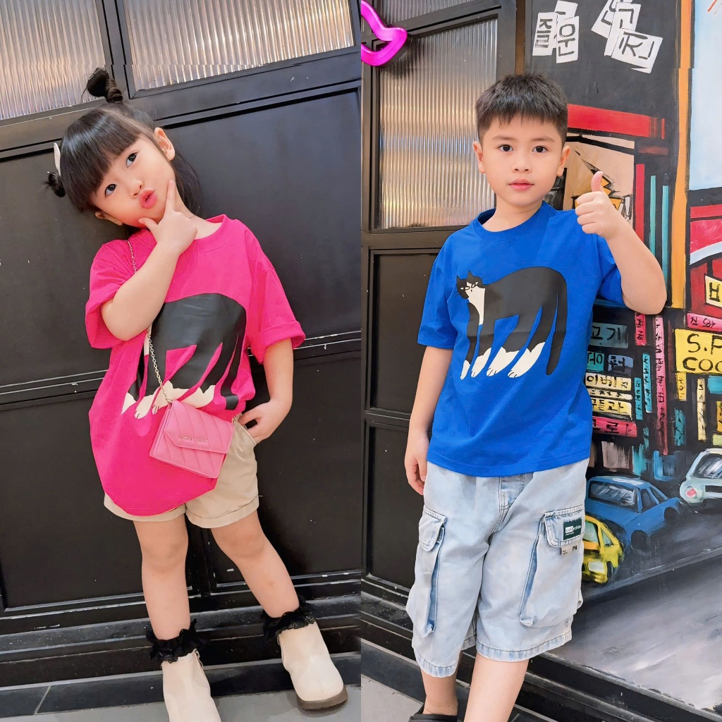 Áo Thun Trẻ Em Mirage Họa Tiết Mèo Đen 3D Hoạt Hình Dễ Thương Chất 100% Cotton Cao Cấp.