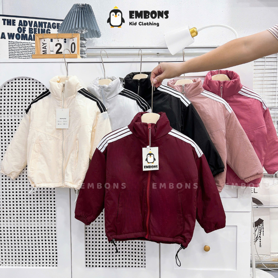 Áo khoác gió trần bông kẻ sọc cho bé từ 10-32kg, vải dù dày dặn ấm áp, túi khóa kéo tiện lợi EMBONS