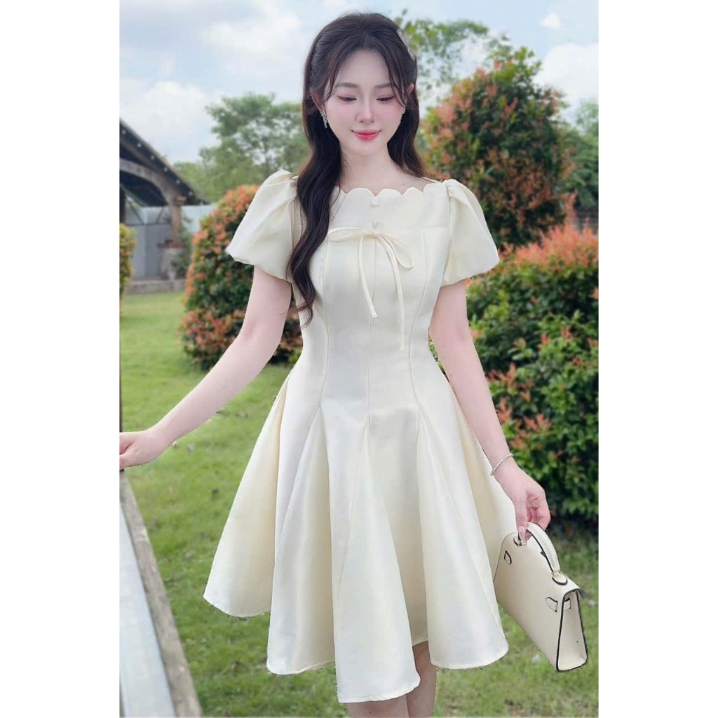 váy tiểu thư dáng xòe dự tiệc, đầm tapta nhung thiết kế cổ cắt laze siêu xinh