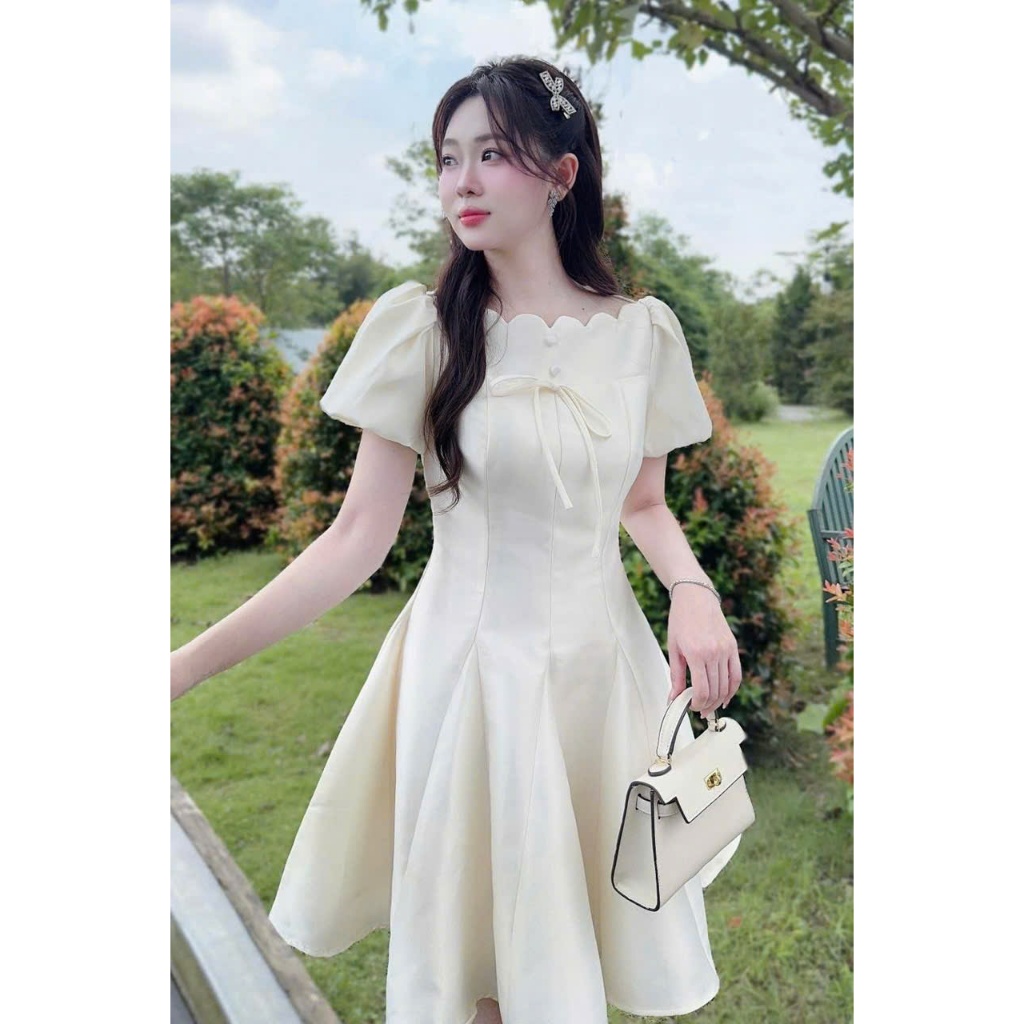 váy tiểu thư dáng xòe dự tiệc, đầm tapta nhung thiết kế cổ cắt laze siêu xinh