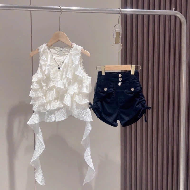 Sét đồ bé gái quần short lưng cao ,áo tầng bèo mẹ và bé ,sét đồ đi chơi du lịch