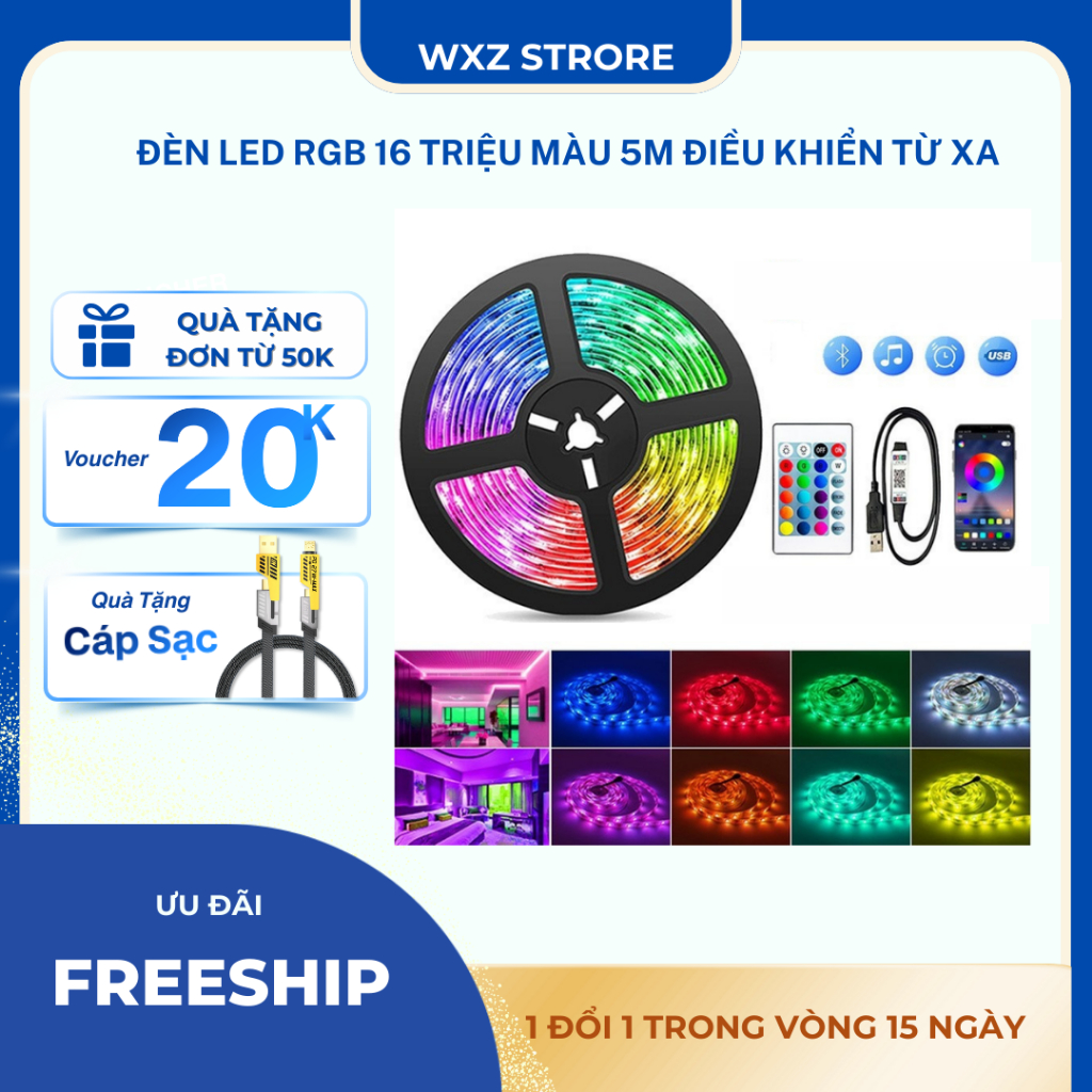 Đèn LED RGB 16 Triệu Màu 5m Điều Khiển Từ Xa, Đèn LED Trang Trí Phòng ...