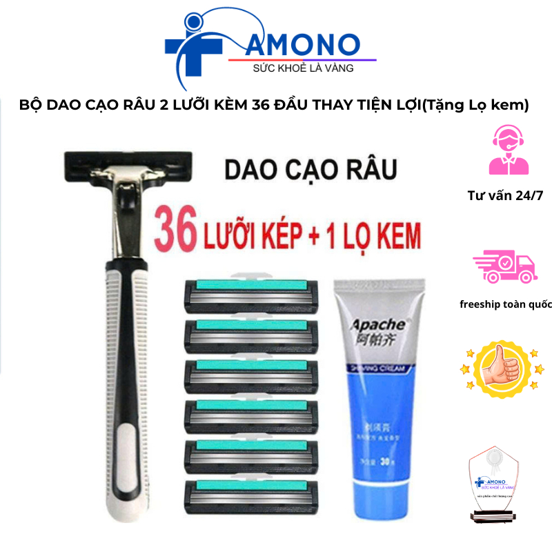 BỘ DAO CẠO RÂU 2 LƯỠI KÈM 36 ĐẦU THAY TIỆN LỢI ( Tặng kèm tuýp kem cạo ...