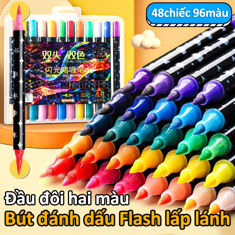 Bút Flash Lấp Lánh Hai Đầu Hai Màu, Mực Nhũ Glitter Sáng Đẹp, Đánh Dấu Nội Dung Học Tập Và Trang Trí Thủ Công