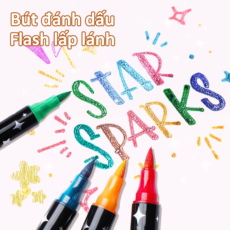 Bút Flash Lấp Lánh Hai Đầu Hai Màu, Mực Nhũ Glitter Sáng Đẹp, Đánh Dấu Nội Dung Học Tập Và Trang Trí Thủ Công