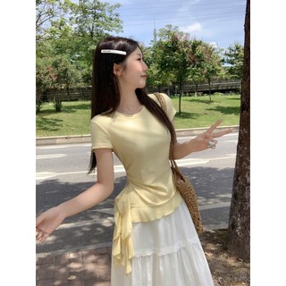 Áo Kiểu Nữ Vạt Bèo Xéo Tua Rua Nhún Eo Cổ Tròn Ngắn Tay Chất Vải Thun Cotton WAK021