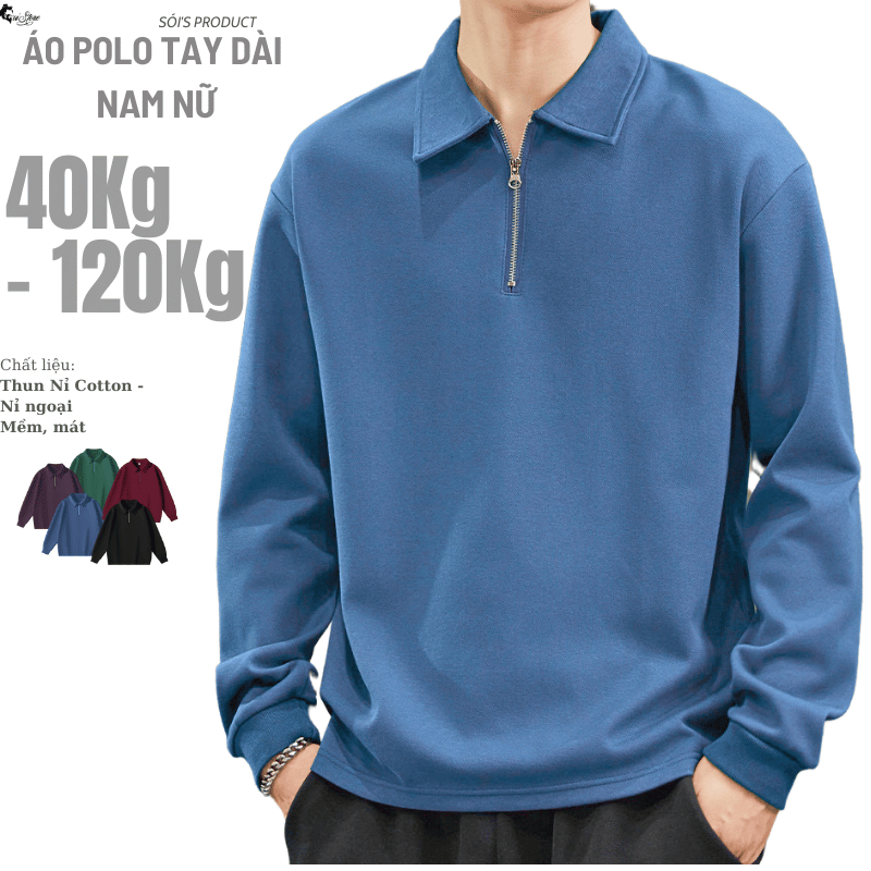 40-115KG Áo Thun Polo Tay Dài Khóa Zip BIGSIZE Nam Nữ Áo Sweater Thu Đông Giữ Ấm - MÃ 49