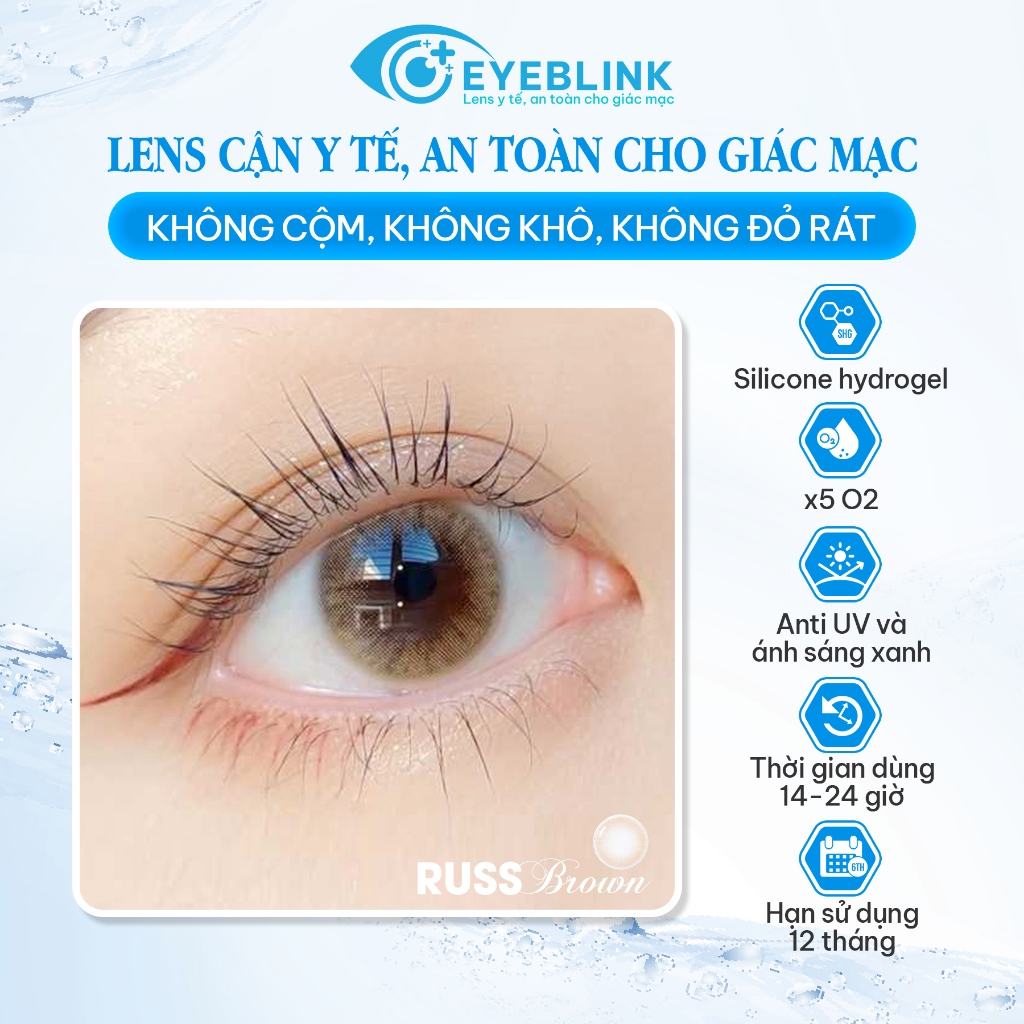 Lens cận y tế màu nâu sữa Russ Brown chất liệu silicone hydrogel 20h Sd hạn dùng 6tháng EyeBlink