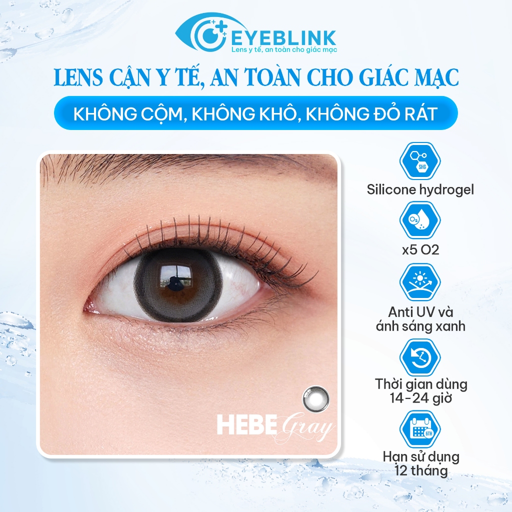 Kính áp tròng màu xám tây Hebe Gray chất liệu Silicone Hydrogel 14h-24h hạn dùng 6 tháng EyeBlink