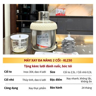 [Tặng kèm dụng cụ đánh ruốc, tỏi] Máy xay thịt đa năng Kailer KL230 2 cối cao cấp, 300W, an toàn