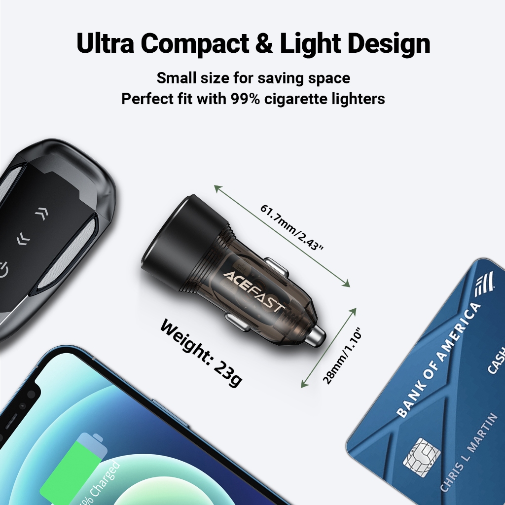 Tẩu sạc ô tô ACEFAST B12 công suất 60W có 2 cổng USB-A và Type-C sạc nhanh cho điện thoại
